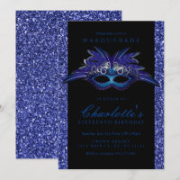 Blue Glitter Masquerade Party Invitations