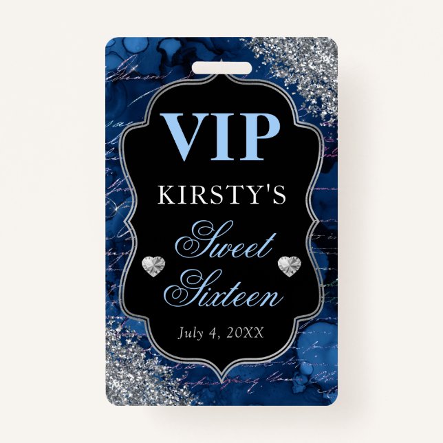 Blue Glitter Mermaid Letters Sweet Sixteen VIP Badge (Front)