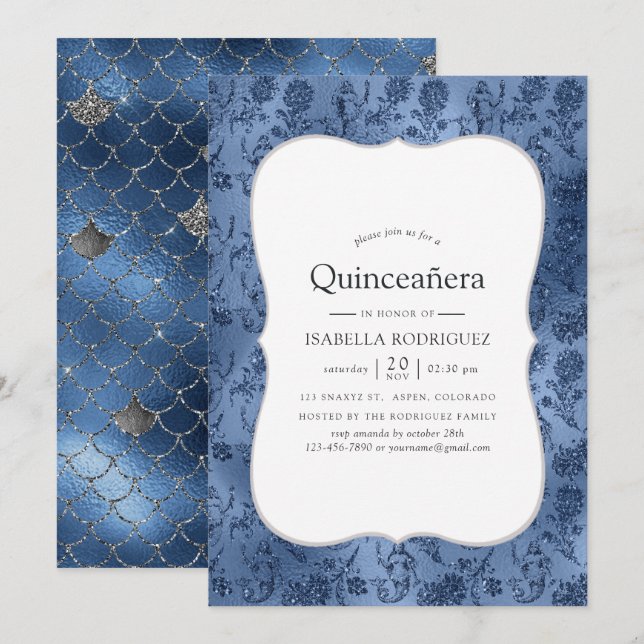Blue Glitter Mermaid Pattern Quinceanera Invitation (Front/Back)