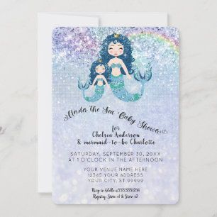 Blue Glitter Mermaids Under the Sea Baby Girl Invitation