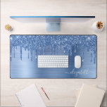 Blue Glitter Monogram Desk Mat<br><div class="desc">Custom monogram desk mat featuring blue faux glitter drips on a blue brushed faux metallic background. Personalize with your name in an elegant white script with swashes.</div>