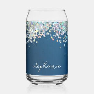 Blue Glitter Monogram Holographic Modern Custom Can Glass