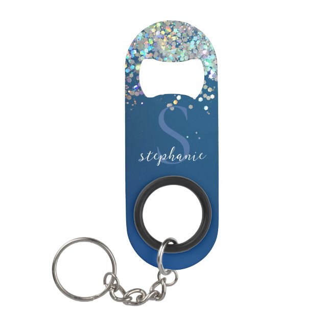Blue Glitter Monogram Holographic Modern Custom Keychain Bottle Opener (Front)