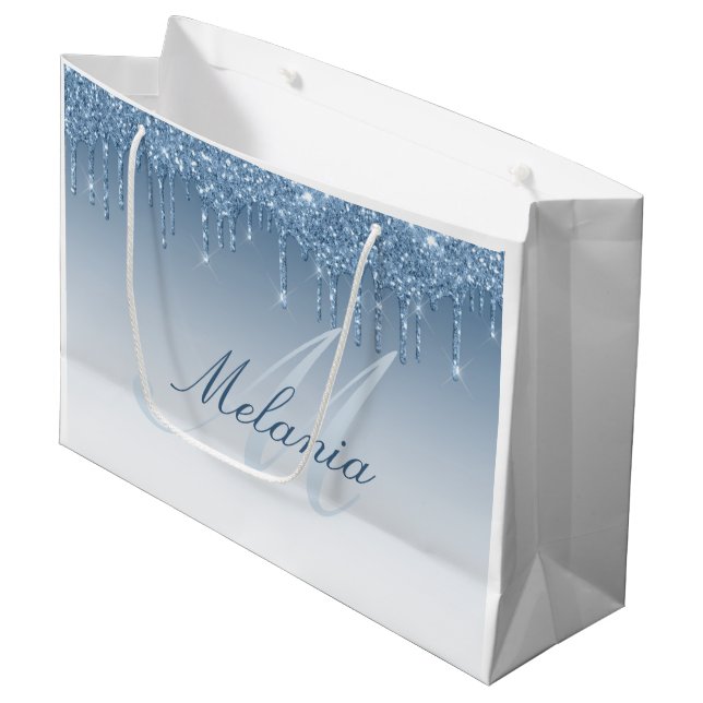 blue glitter monogram large gift bag (Front Angled)