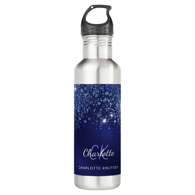 Blue glitter monogram name script 710 ml water bottle (Front)