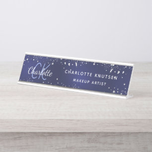 Blue glitter monogram professional desk name plate