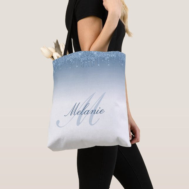 blue glitter monogrammed tote bag (Close Up)