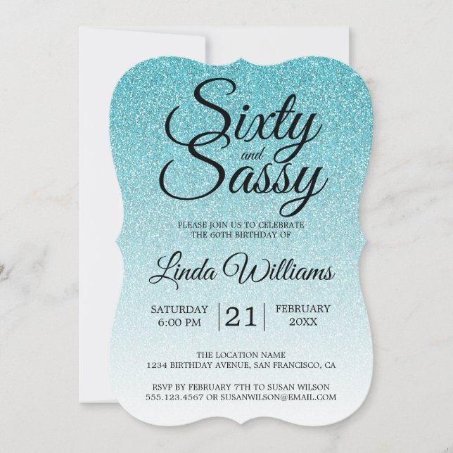 Blue Glitter Ombre 60 and Sassy 60th Birthday Invi Invitation (Front)