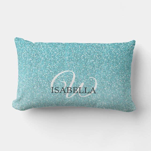 Blue Glitter Ombre Custom Name Monogram Lumbar Pillow (Front)