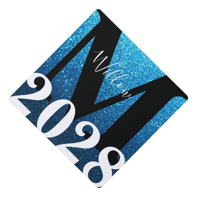 Blue Glitter Ombre Monogram Name Graduation Cap Topper (Front)