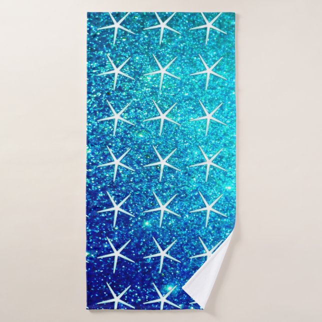 Blue Glitter Ombre Teal Sparkle Starfish Patterns Bath Towel (Bath Towel)