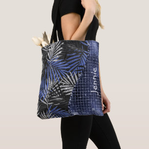 Blue Glitter Palm Leaves Glam Wave Personalized Tote Bag