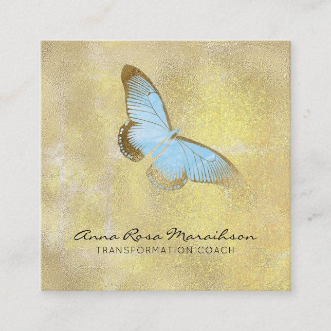 *~* Blue Glitter Pastel Gilded Butterfly Fantasy Square Business Card (Front)