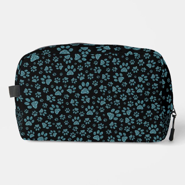 Blue glitter paws sparkle effect black background dopp kit (Front)