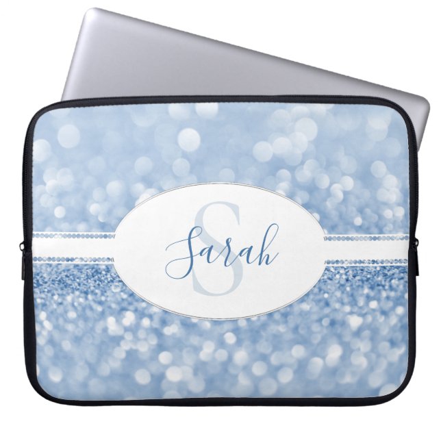 Blue Glitter Personalize Laptop Sleeve (Front)