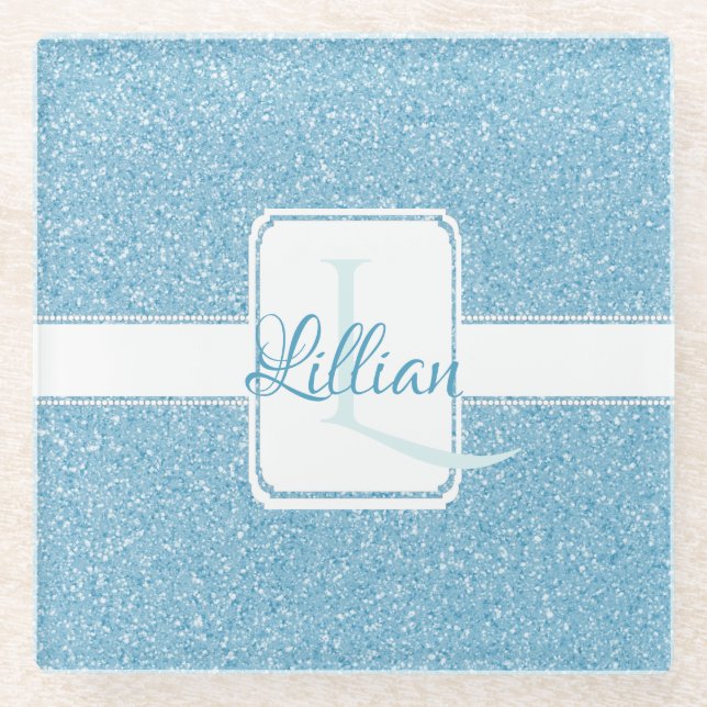 Blue Glitter Personalized Glass Coaster (Front)
