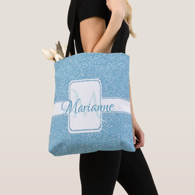 Blue Glitter Personalized Tote Bag (Close Up)