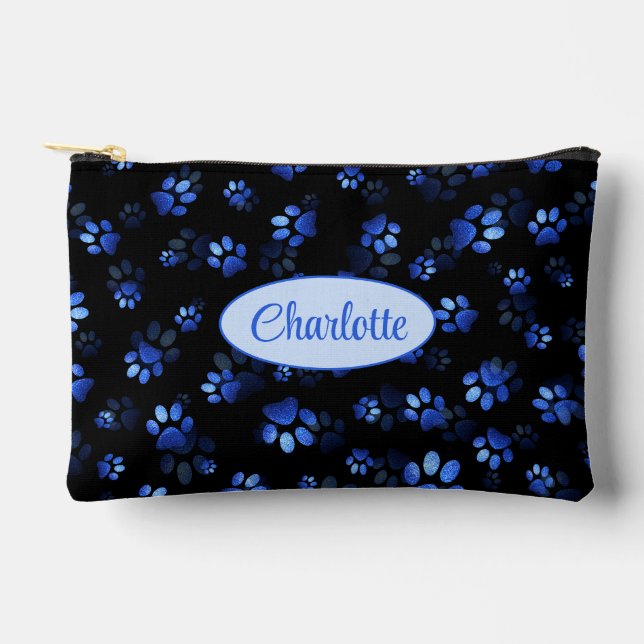 Blue Glitter Pet Paw print on black background Accessory Pouch (Front)