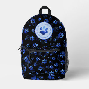 Blue Glitter Pet Paw print on black background Printed Backpack
