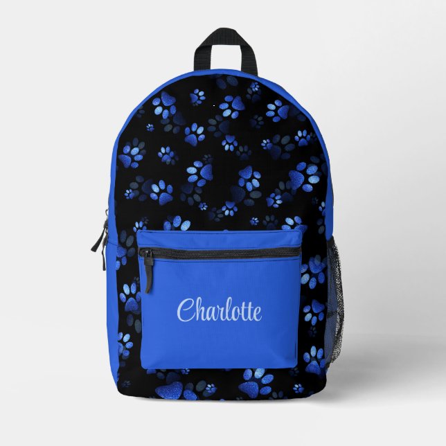 Blue Glitter Pet Paw print on black background Printed Backpack (Front)