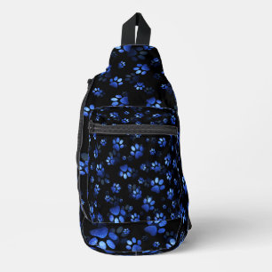 Blue Glitter Pet Paw print on black background Sling Bag