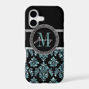 Blue Glitter Printed, Black Damask Personalized