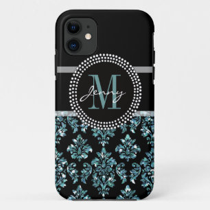 Blue Glitter Printed, Black Damask Personalized iPhone 11 Case