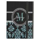 Blue Glitter Printed, Black Damask Personalized
