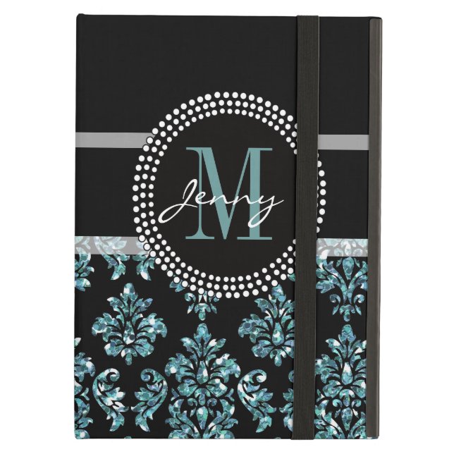 Blue Glitter Printed, Black Damask Personalized Cover For iPad Air (Front Closed)