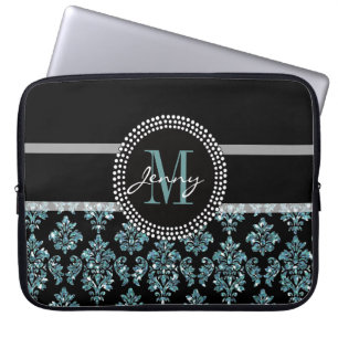 Blue Glitter Printed, Black Damask Personalized Laptop Sleeve