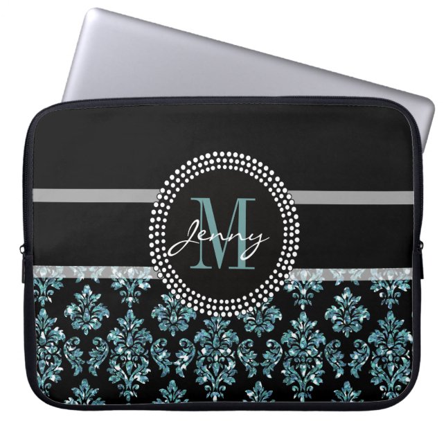 Blue Glitter Printed, Black Damask Personalized Laptop Sleeve (Front)