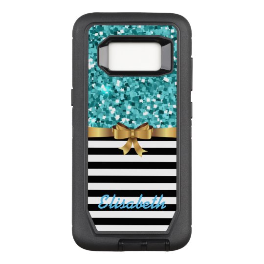 BLUE glitter printed STRIPE GOLD BOW monogram OtterBox Defender Samsung Galaxy S8 Case