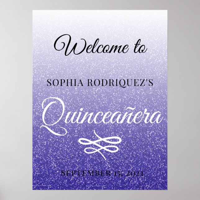 Blue Glitter Quinceañera 15th Birthday Welcome Poster (Front)