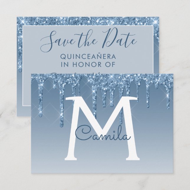 Blue Glitter Quinceanera Save the Date Invitation (Front/Back)