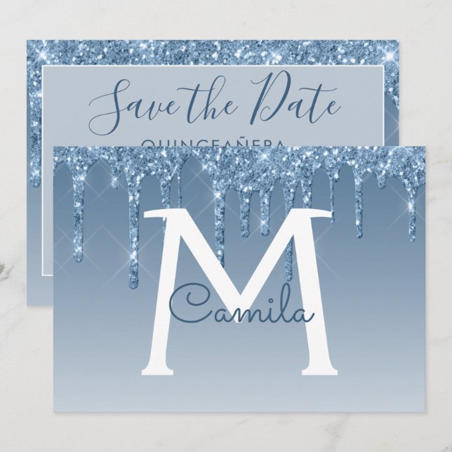 Blue Glitter Quinceanera Save the Date Invitation (Front/Back)