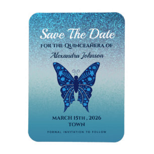Blue Glitter Quinceañera Save the Date Magnet