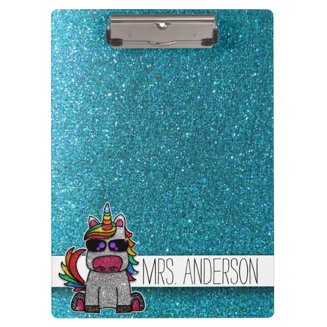 Blue Glitter Rainbow Unicorn Teachers Classroom Clipboard (Front)