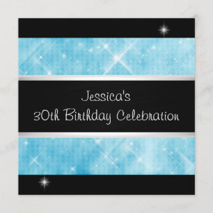 Blue Glitter Silver Lights Black 30th Birthday Invitation