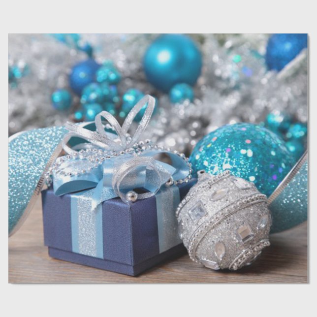 Blue Glitter, Silver Sparkle, Ornaments, Christmas Wrapping Paper (Flat)