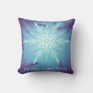 Blue Glitter Snow Star Flakes Throw Pillow