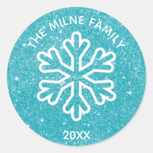 Blue Glitter Snowflake - Circle Sticker Year