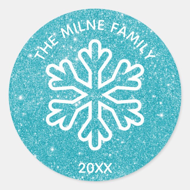 Blue Glitter Snowflake - Circle Sticker Year (Front)