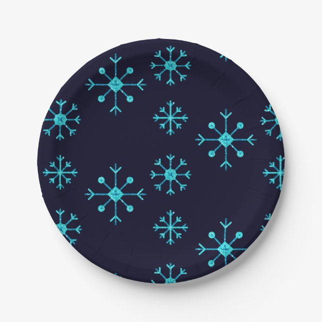 Blue Glitter Snowflakes Paper Plate (Front)