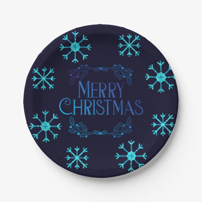 Blue Glitter Snowflakes Paper Plate (Front)