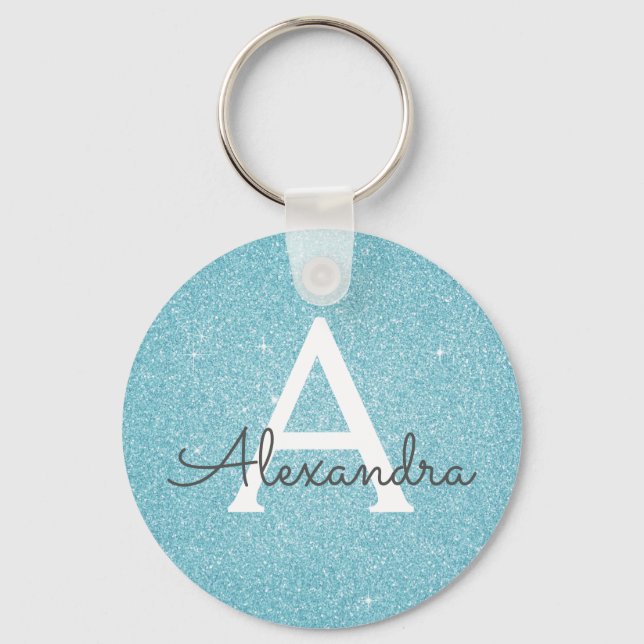 Blue Glitter & Sparkle Monogram Keychain (Front)