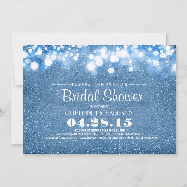 blue glitter & string lights bridal shower invitation (Front)