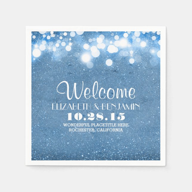 blue glitter string lights wedding napkins (Front)