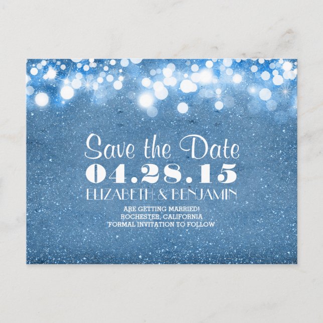 blue glitter string of lights save the date announcement postcard (Front)