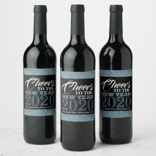Blue Glitter Stripes, New Year Wine Label