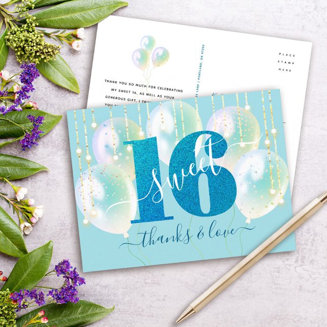 Blue Glitter Sweet 16 Birthday Balloon Thank You Postcard (Creator Uploaded)